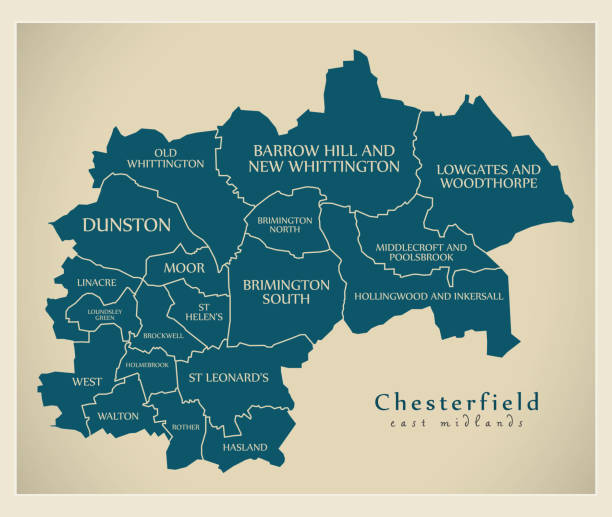 ilustrações de stock, clip art, desenhos animados e ícones de wards map of chesterfield district in east midlands england uk with labels - borough of north east