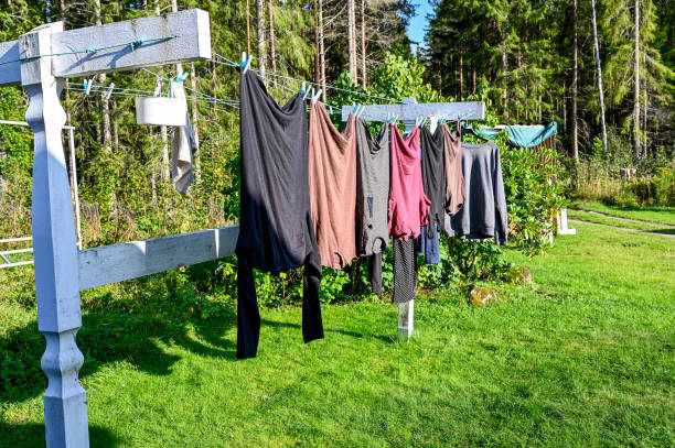 clothes hanging to dry outdoors on a clothesline
