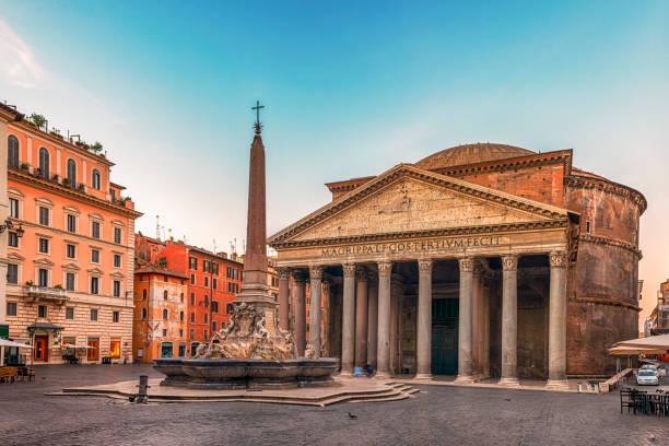 panthéon et fontaine à rome - architecture italian culture pantheon rome church photos et images de collection