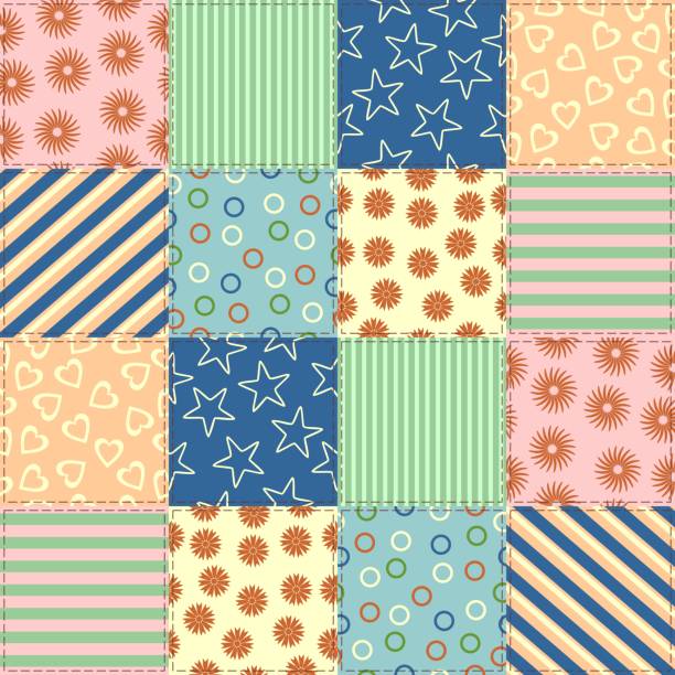 ilustrações, clipart, desenhos animados e ícones de fundo dos retalhos com testes padrões diferentes. pode ser usado para a decoração da matéria têxtil, do papel e das outras superfícies. - quilt patchwork sewing textile