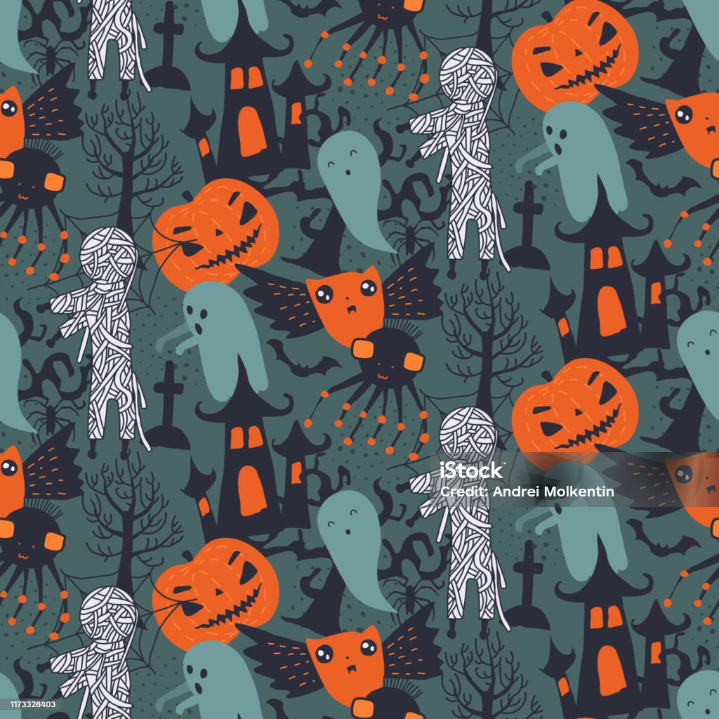Halloween Character Pattern Vector Halloween Seamless Pattern With Cute Cartoon Characters And ...