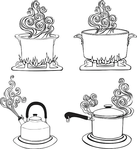 Vector illustration of Four kitchen pots with steam