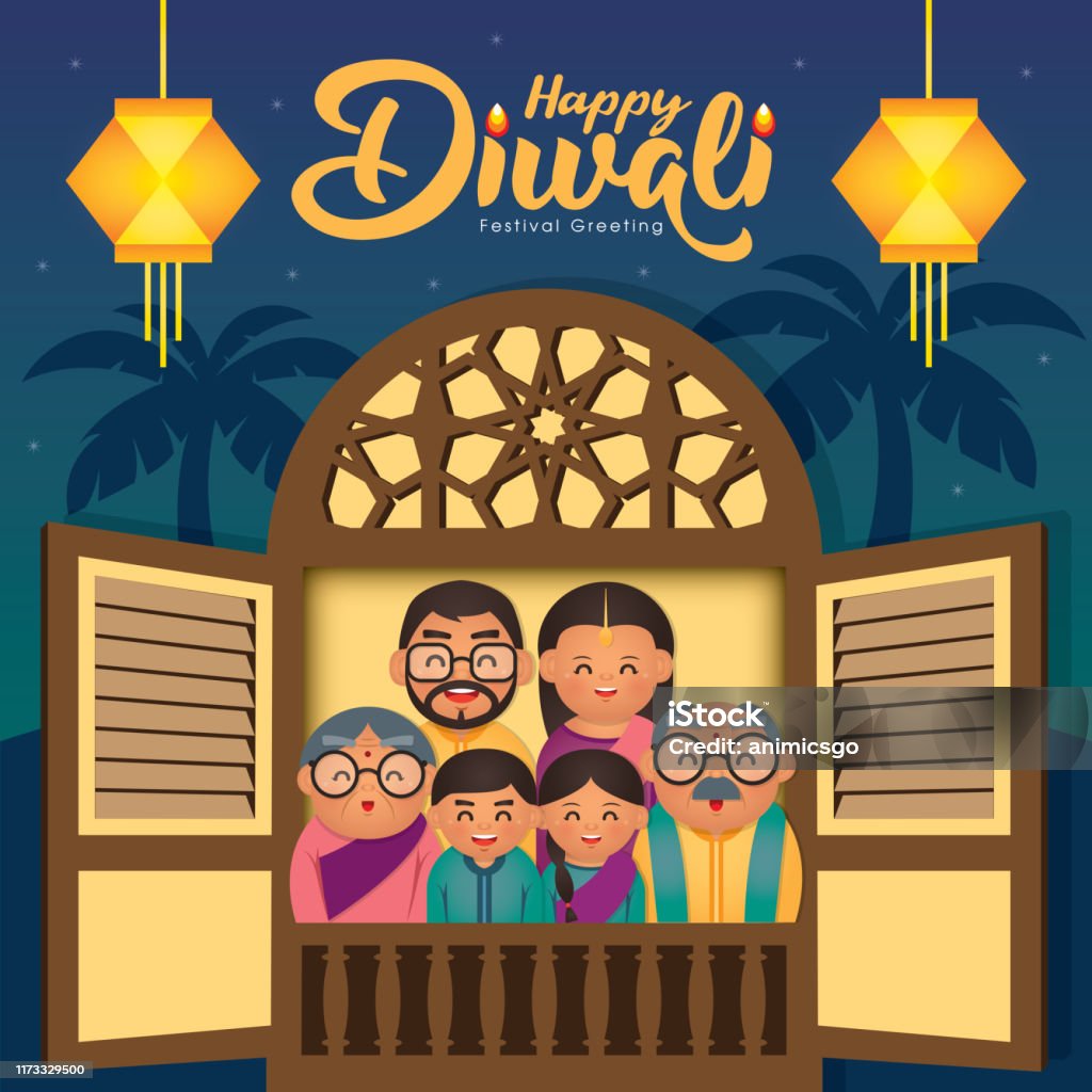 Diwalideepavali Vector Illustration With Happy Indian Family Celebrate The  Festival Stock Illustration - Download Image Now - iStock