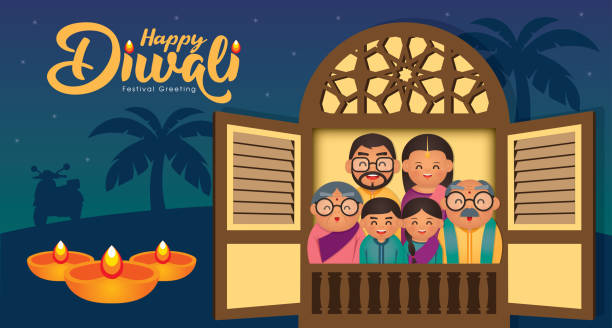 Diwali/Deepavali vector illustration with  Happy indian family celebrate the festival. Diwali/Deepavali vector illustration with  Happy indian family celebrate the festival. diwali home stock illustrations