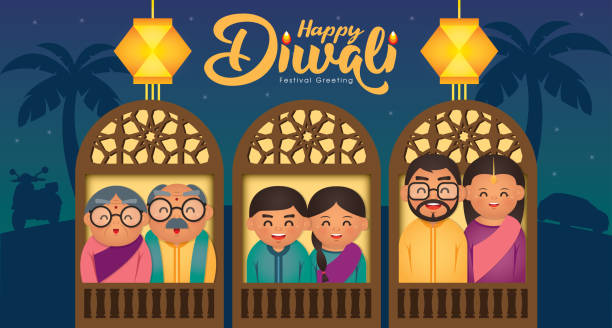 Diwali/Deepavali vector illustration with  Happy indian family celebrate the festival. Diwali/Deepavali vector illustration with  Happy indian family celebrate the festival. diwali home stock illustrations