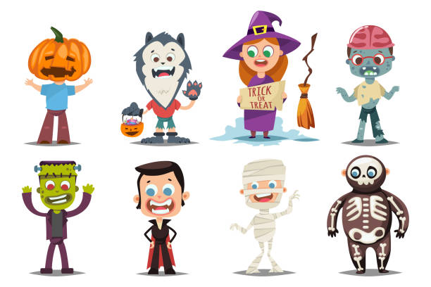 ilustrações de stock, clip art, desenhos animados e ícones de halloween kids costumes: pumpkin, vampire, werewolf, zombie, witch with a broom, mummy and skeleton. vector cartoon set of cute boy and girl characters isolated on white background. - halloween witch child pumpkin