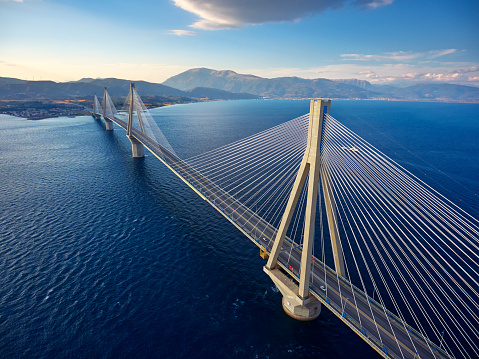 Stunning aerial view of famous Rion-Antirrio bridge near Patras city in Greece.