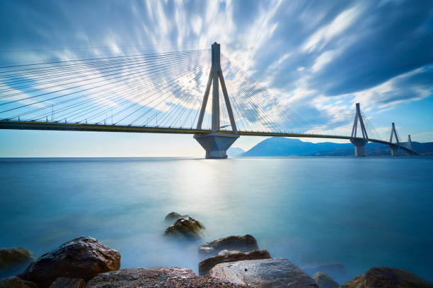 the beauty of famous rion-antirrio bridge in greece. - gulf of corinth imagens e fotografias de stock