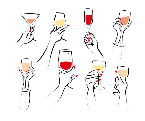 vektor handgezeichnete illustration der hand der frau halten weinglas isoliert auf weißem hintergrund. - party hat cocktail time drink stock-grafiken, -clipart, -cartoons und -symbole