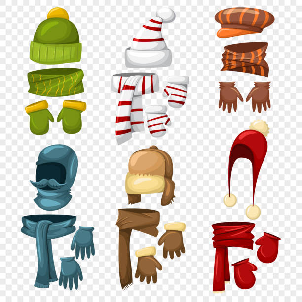 ilustrações, clipart, desenhos animados e ícones de lenço do inverno, chapéus e tampões, luvas e mittens ajustados para homens e mulheres. ícones dos desenhos animados do vetor isolados em um fundo transparente. roupas para o tempo frio. acessórios de malha. - glove nobody colors wool