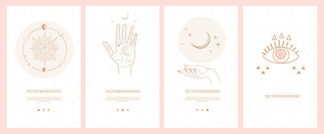Collection of mystical and mysterious illustrations for Mobile App, Landing page, Web design in hand drawn style. Space and astrology concept. Minimalistic objects made in the style of one line.
