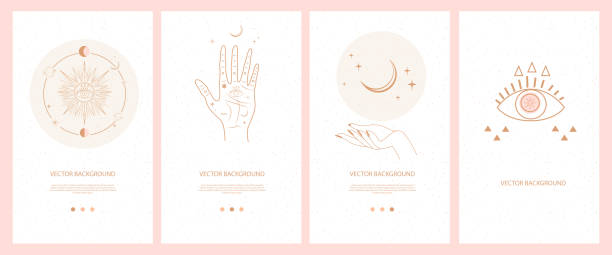 Illustrations for Mobile App, Landing page, Web design in hand drawn style. Collection of mystical and mysterious illustrations for Mobile App, Landing page, Web design in hand drawn style. Space and astrology concept. Minimalistic objects made in the style of one line. planetary moon illustrations stock illustrations
