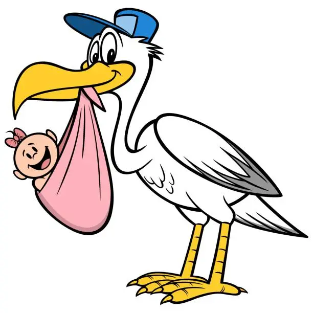 Vector illustration of Stork with a Baby Girl