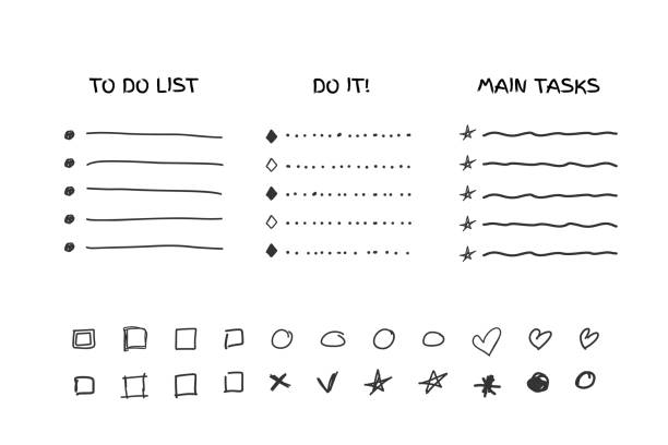 Check to do list, bullet, check mark and check box in a doodle sketch Check to do list, bullet, check mark and check box in a doodle sketch cartoon style collection isolated on white background bullet drawing stock illustrations