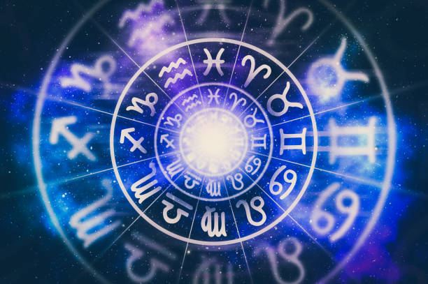 Astrological zodiac signs inside of horoscope circle Astrological zodiac signs inside of horoscope circle on universe background - astrology and horoscopes concept astrology sign photos stock pictures, royalty-free photos & images