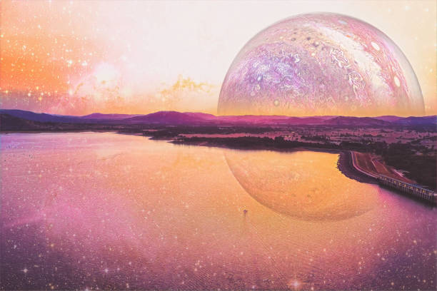 istock Lonely boat sailing across a lake on alien planet - digital artwork. Elements of this image furnished by NASA 1173337589