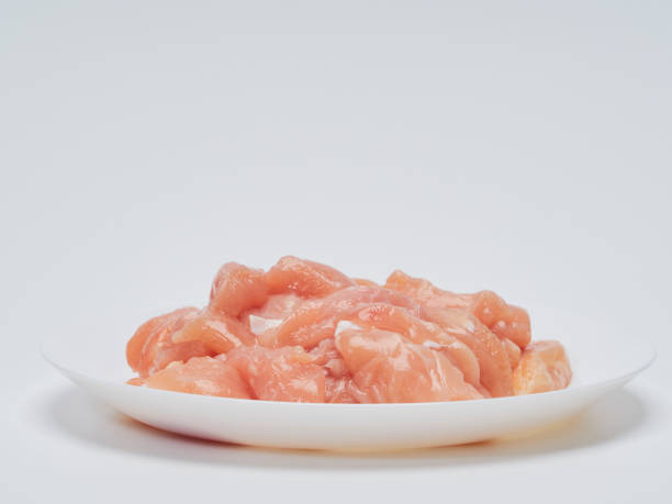 istock Heap of small piece raw chicken in a white plate 1173337653