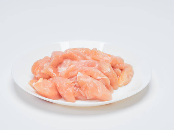 Heap of small piece raw chicken in a white plate
