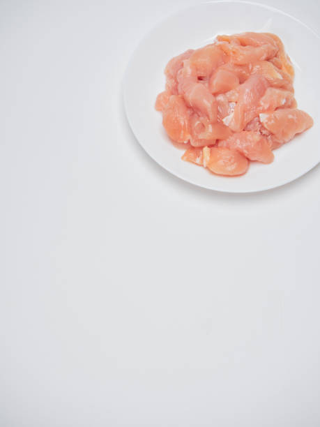 istock Heap of small piece raw chicken in a white plate 1173338556