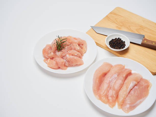 istock Heap of small piece raw chicken in a white plate and ingredients. Food menu design. 1173338607