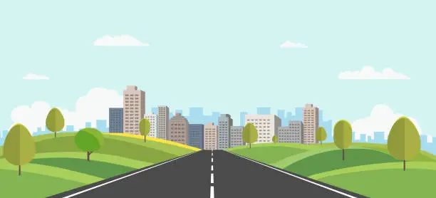 Vector illustration of Hills landscape with cityscape on background vector illustration.Public park and town with sky background.Beautiful nature scene with road to city.