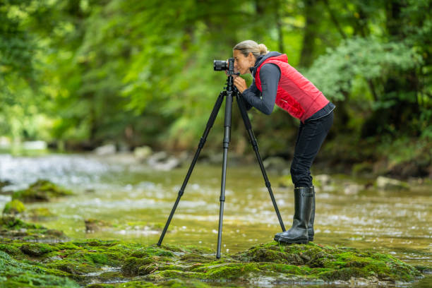 vue de côté la femme mûre photographe en plein air féminin dans la rivière - moss side photos et images de collection