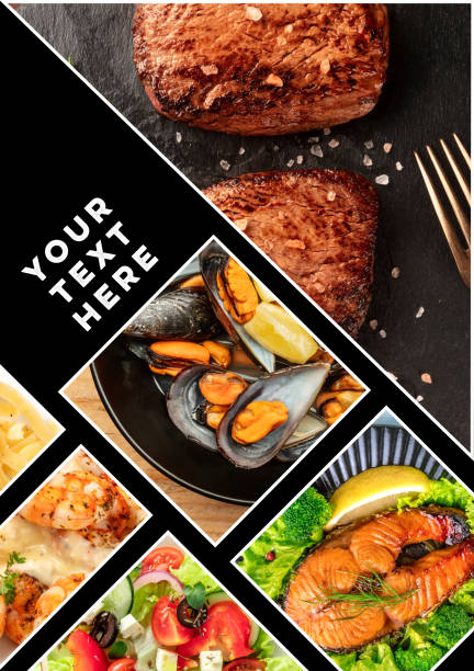 Food Collage. A design template with various tasty dishes with a place for text or logos, a layout for a menu cover, a banner, a flyer etc Food Collage. A design template with various tasty dishes with a place for text or logos flyer leaflet photos stock pictures, royalty-free photos & images