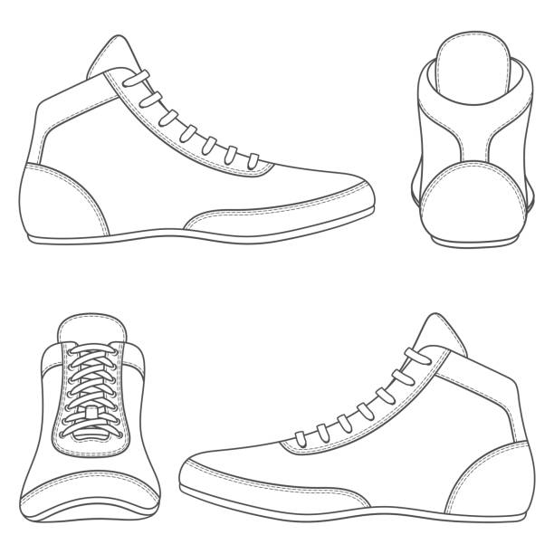 Set Of Black And White Illustrations With Wrestling Shoes Sports Shoes  Isolated Vector Objects Stock Illustration - Download Image Now - iStock