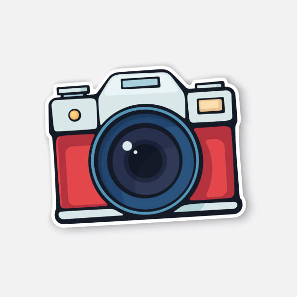 Vector illustration. Cute film retro photo camera. Modern digital device with lens in vintage style. Sticker with contour. Isolated on white background