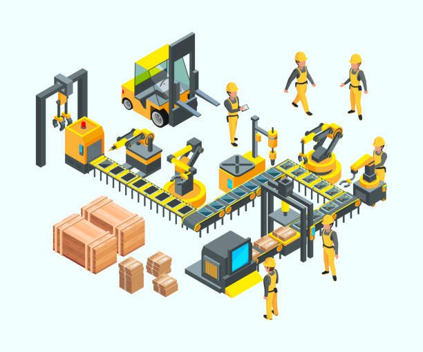 Factory isometric. Industrial machinery production electronics technology manufacturing vector concept of factory Factory isometric. Industrial machinery production electronics technology manufacturing vector concept of factory. Illustration isometric production, factory machinery industry action plan three dimensional shape people stock illustrations