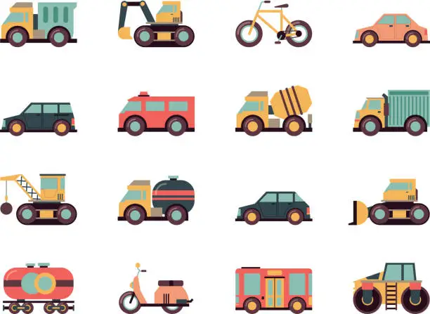 Vector illustration of Transport flat icon. Transportation symbols different automobiles public vehicle vector machines colored icon collection
