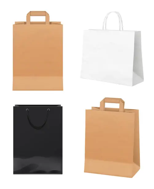 Vector illustration of Paper bags. Empty store packages white black and craft paper merchandising identity bags vector realistic mockup