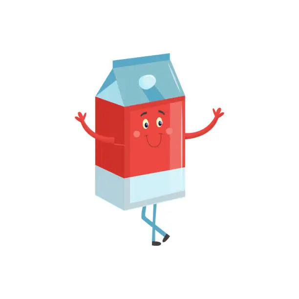 Vector illustration of Cartoon character of carton box with milk or juice standing with stretching arms asking to come up hug .