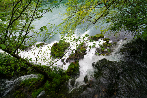 Top view of small waterfall and river Drina in Tara national park, near lake Perucac, Serbia.