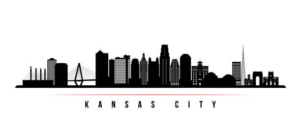 ilustrações de stock, clip art, desenhos animados e ícones de kansas city skyline horizontal banner. black and white silhouette of kansas city, missouri. vector template for your design. - kansas kansas city missouri city skyline