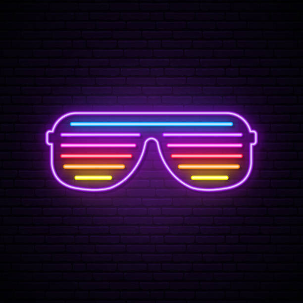 Neon shutter glasses sign. Bright vector sunglasses illustration in retro 80s style. Neon shutter glasses sign. Bright vector sunglasses illustration in retro 80s style. red spectacles stock illustrations