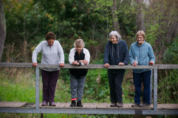 vier schöne seniorin, die zusammen auf einer brücke in der natur steht und nach unten schaut - nature zen like stream water stock-fotos und bilder