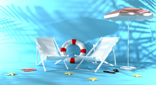 istock 3d rendering summer colored background . A chaise lounge, umbrella, slippers, starfish, inflatable circle with shadow from palm trees. Copy space 1173355029
