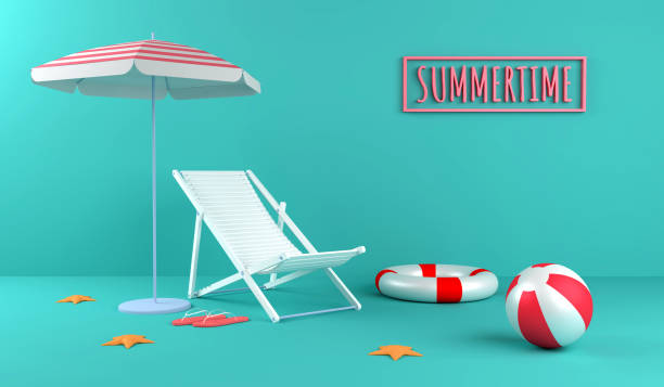 istock 3d rendering summer colored background . A chaise lounge, umbrella, slippers, starfish, inflatable circle and ball. Copy space 1173355030