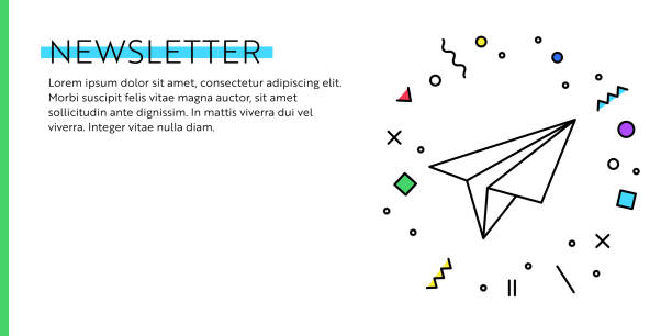 illustrazioni stock, clip art, cartoni animati e icone di tendenza di concetto di newsletter. banner web geometrico in stile retrò e geometrico e concetto di poster con icona dell'aeroplano di carta. - envelope mail letter multi colored