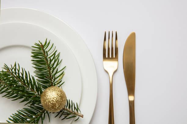 istock Fir tree twig on white set of dishes, white background 1173357205