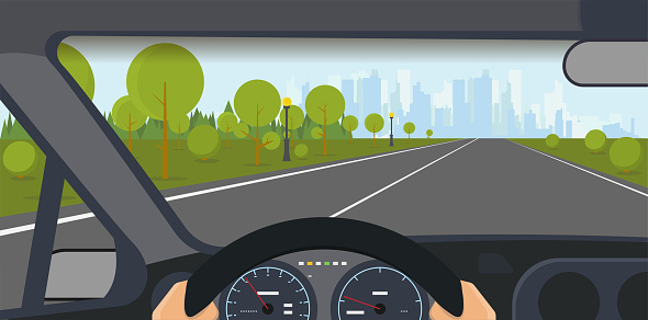 Inside car view. Modern car interior with steering wheel and hands. Highway to big city with skyscrapers and park. Speedometer and safe journey vector illustration.
