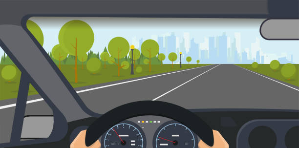 Car interior vector Inside car view. Modern car interior with steering wheel and hands. Highway to big city with skyscrapers and park. Speedometer and safe journey vector illustration. road illustrations stock illustrations