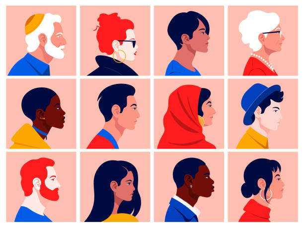 illustrations, cliparts, dessins animés et icônes de un ensemble de visages de personnes de profil: les hommes, les femmes, les jeunes et les personnes âgées de différentes races et nations. - mur illustrations