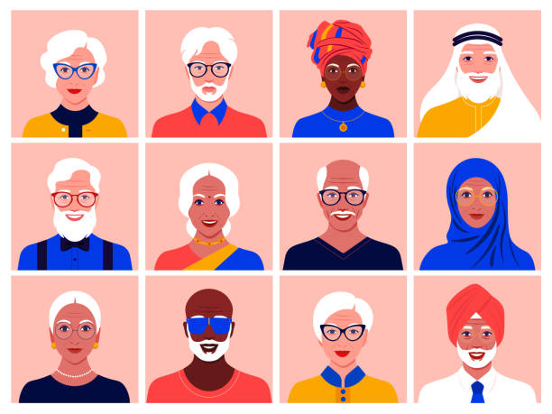 Set of avatars of elderly men and women of different nationalities and races. Diversity. Set of avatars of elderly men and women of different nationalities and races. Diversity. Multinationality. Portraits of grandparents. Vector flat illustration old indian stock illustrations