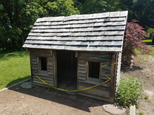 istock small brown wooden shed with yellow caution tape 1173358605