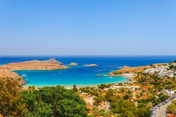 Sea skyview landscape photo Lindos bay on Rhodes island, Dodecanese, Greece. Famous tourist destination in South Europe