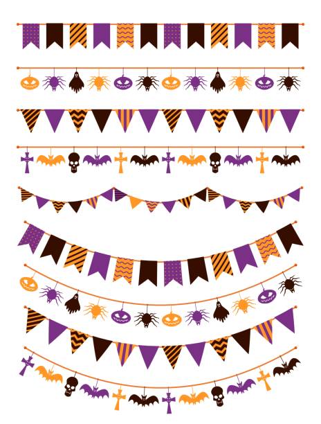 Halloween garland. Festive buntings with pumpkins, spiders and skull for greeting cards invitations, colorful flags flat vector set Halloween garland. Festive buntings with pumpkins, spiders and skull for greeting cards invitations, colorful flags flat vector decoration rope sign scary isolated set happy halloween banner stock illustrations