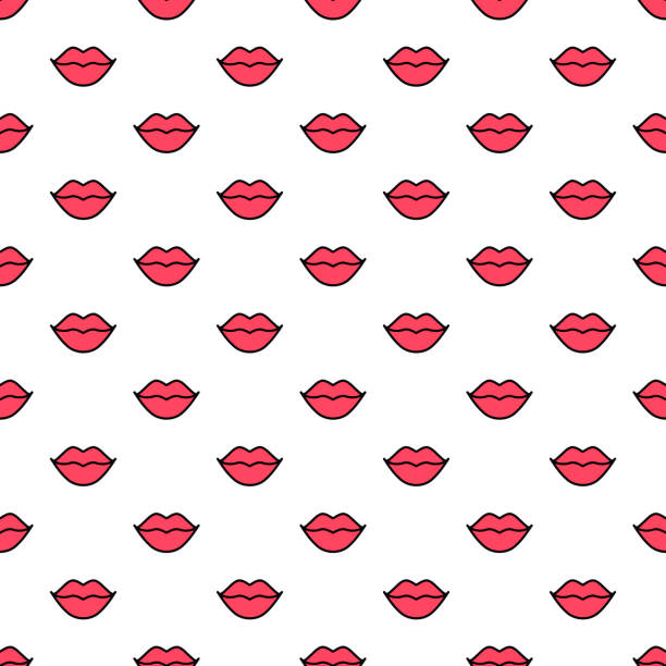 赤い唇は、白い背景にシームレスなパターン。口紅のキスベクトルイラスト。最小限のデザインでファッションの背景。 - lipstick kiss kissing lipstick love点のイラスト素材／クリップアート素材／マンガ素材／アイコン素材