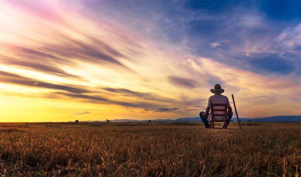 farmer sitting on a chair looking at the field and sunset farmer sitting on a chair looking at the field and sunset garden hoe photos stock pictures, royalty-free photos & images